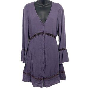 Amuse Society Women Size Medium M Purple V-Neck Dress Shift Long Bell Ruffle New